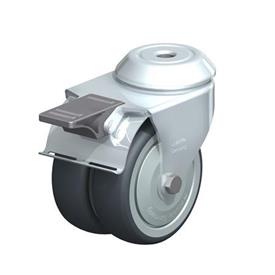  LMDA-TPA Rodajas giratorias de acero de servicio ligero, con ruedas gemelas de caucho termoplástico y ajuste con agujero para perno, serie de soportes estándar Type: K-FI-FK - Cojinete de bolas con freno «stop-fix», con protección anti-hilos