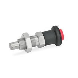 GN 414 Stainless Steel Safety Lock Indexing Plungers, with Push Button Release Material: NI - Stainless steel<br />Type: AK - With lock nut