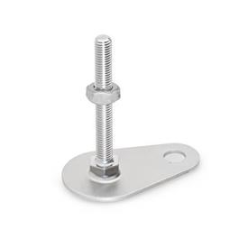 GN 45 Stainless Steel AISI 316L Leveling Feet, Threaded Stud Type, with Mounting Hole, Teardrop Shape Type (Base): D0 - Without rubber pad / cap<br />Version (Stud): SK - With nut, external hex at the bottom