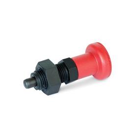 EN 617.2 Plastic Indexing Plungers, with Steel Plunger Pin, Lock-Out and Non Lock-Out, with Red Knob Type: BK - Non lock-out, with lock nut<br />Material: ST - Steel