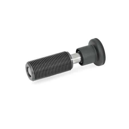 GN 313 Steel Spring Bolts, Plunger Pin Retracted in Normal Position Type: A - With knob, without lock nut
Identification no.: 1 - Pin without internal thread