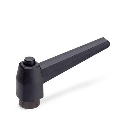 Manettes indexables EN 503: Plastique, type taraudé, avec insert taraudé en laiton, avec bouton-poussoir