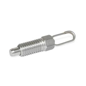 GN 717 Stainless Steel Indexing Plungers, Non Lock-Out, with Pull Ring / with Wire Loop Type: D - With wire loop, without lock nut<br />Material: NI - Stainless steel
