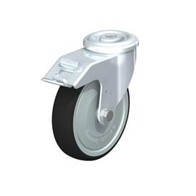  LER-PATH Steel Swivel Polyurethane Treaded Casters, with bolt hole fitting Type: K-FI-FK - Ball bearing with stop-fix brake, with thread guard