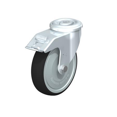 LER-PATH Steel Swivel Polyurethane Treaded Casters, with bolt hole fitting Type: K-FI-FK - Ball bearing with stop-fix brake, with thread guard