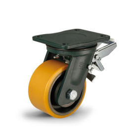 EN 22887 Steel Heavy Duty Casters, Polyurethane Wheel Tread, Cast Iron Wheel Core, Extra-Heavy Version Bearing type: K - Annular ball bearing<br />Bracket type: LF - Swivel bracket with mounting plate, with total lock brake<br />Coding: E - Extra-heavy version<br />Bracket material: ST - Welded steel design