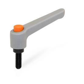 WN 303 Nylon Plastic Adjustable Levers with Push Button, Threaded Stud Type, with Blackened Steel Components Lever color: GS - Gray, RAL 7035, textured finish<br />Push button color: O - Orange, RAL 2004