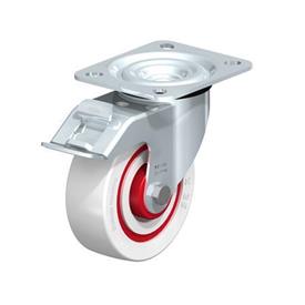  L-POW Zinc plated steel Noise Absorbing Swivel Casters, with Medium Duty Brackets Type: R-FI-FK - Roller bearing with stop-fix brake, with thread guard
