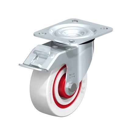  L-POW Zinc plated steel Noise Absorbing Swivel Casters, with Medium Duty Brackets Type: R-FI-FK - Roller bearing with stop-fix brake, with thread guard