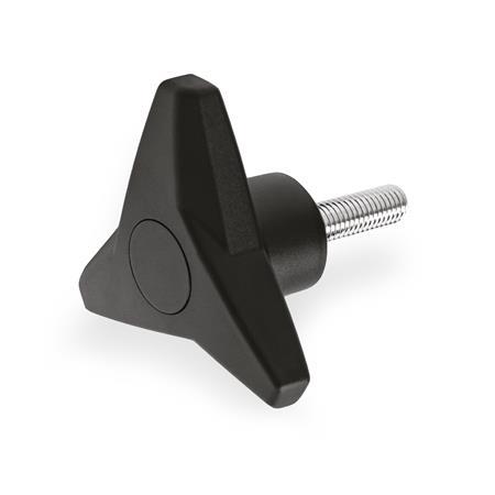 EN 533.6 Technopolymer Plastic Three-Lobed Knobs, Softline, with Steel Threaded Stud Color of the cover cap: DSW - Black, RAL 9005, matte finish