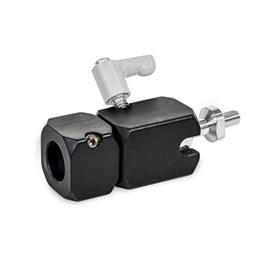 GN 487 Aluminum Swivel Ball Joint Mounting Clamps Type: A - With axial bore<br />Coding: S - Ball element with external thread<br />Identification no.: 1 - Clamping with adjustable lever<br />Finish: ES - Anodized finish, black
