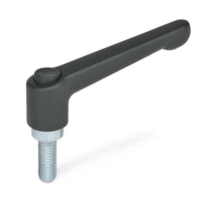 Adjustable Levers GN 303.2: Zinc Die-Cast, Threaded Stud Type, with Zinc Plated Steel Components, with Push Button