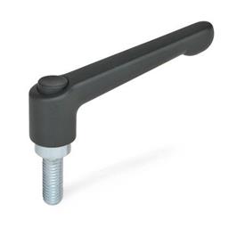 GN 303.2 Zinc Die-Cast Adjustable Levers, with Push Button, Threaded Stud Type, with Zinc Plated Steel Components Push button color: S - Black, RAL 9005