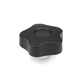 EN 5337.1 Technopolymer Plastic Five-Lobed Knobs, with Protruding Steel Hub, Tapped Blind Bore Type: E - With cover cap (tapped blind bore)<br />Color of the cover cap: DSW - Black, RAL 9005, matte finish