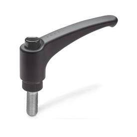 EN 603.1 Technopolymer Plastic Adjustable Levers, with Push Button, Threaded Stud Type, with Stainless Steel Components, Ergostyle® Color: DSG - Black-gray, RAL 7021, shiny finish