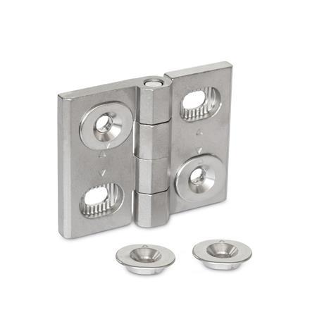 GN 127 Stainless Steel Hinges, Adjustable, with Alignment Bushings Material: A4 - Stainless steel 
Type: B - Horizontal slots