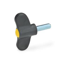 EN 633 Technopolymer Plastic Wing Screws, with Steel Threaded Stud, Ergostyle® Color of the cover cap: DGB - Yellow, RAL 1021, matte finish