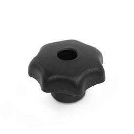 DIN 6336 Plastic Star Knobs, with Steel Blind or Through Tapped Insert Material: KT - Plastic<br />Type: D - With tapped through bore