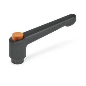 GN 303 Zinc Die-Cast Adjustable Levers with Push Button, Tapped or Plain Bore Type, with Blackened Steel Components Push button color: O - Orange, RAL 2004