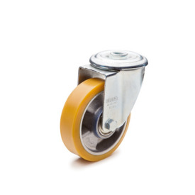 EN 22885 Steel Medium Duty Casters, Polyurethane Wheel Tread, Aluminum Wheel Core, Light Version Bearing type: K - Annular ball bearing<br />Bracket type: R - Swivel bracket with center hole<br />Coding: L - Light version<br />Bracket material: ST - Steel sheet metal