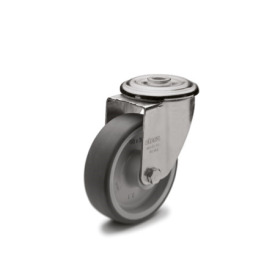 EN 22872 Steel / Stainless Steel Medium Duty Casters, Thermoplastic Elastomer Wheel Tread, Polypropylene Wheel Core, Light Version Bearing type: G - Friction bearing<br />Bracket type: R - Swivel bracket with center hole<br />Coding: L - Light version<br />Bracket material: NI - Stainless steel sheet metal