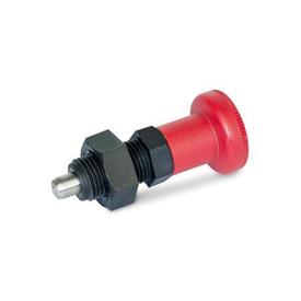 EN 617.2 Plastic Indexing Plungers, with Stainless Steel Plunger Pin, Lock-Out and Non Lock-Out, with Red Knob Type: BK - Non lock-out, with lock nut<br />Material: NI - Stainless steel