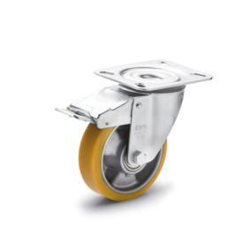 EN 22885 Steel Medium Duty Casters, Polyurethane Wheel Tread, Aluminum Wheel Core, Light Version Bearing type: K - Annular ball bearing<br />Bracket type: LF - Swivel bracket with mounting plate, with total lock brake<br />Coding: L - Light version<br />Bracket material: ST - Steel sheet metal