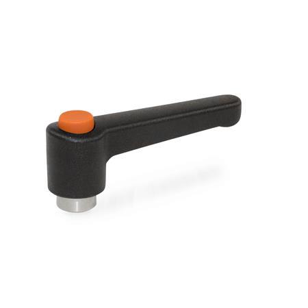 WN 304.1 Nylon Plastic Straight Adjustable Levers with Push Button, Tapped or Plain Bore Type, with Stainless Steel Components Lever color: SW - Black, RAL 9005, textured finish
Push button color: O - Orange, RAL 2004
