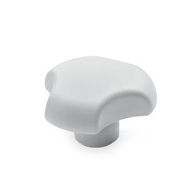 EN 5342 Perillas de tres lóbulos de plástico tecnopolímero, con inserto roscado de acero inoxidable, blanco 