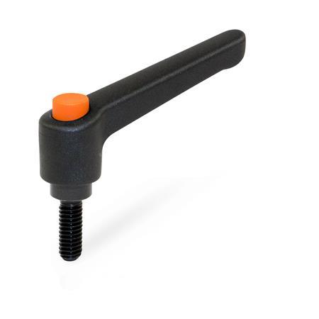 WN 303 Nylon Plastic Adjustable Levers with Push Button, Threaded Stud Type, with Blackened Steel Components Lever color: SW - Black, RAL 9005, textured finish
Push button color: O - Orange, RAL 2004