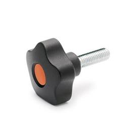 EN 5337.2 Technopolymer Plastic Five-Lobed Knobs, with Steel Threaded Stud Color of the cover cap: DOR - Orange, RAL 2004, matte finish