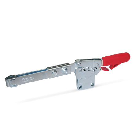 Extended Arm Horizontal Acting Toggle Clamps GN 820.4: Steel, with Safety Hook, with Vertical Mounting Base