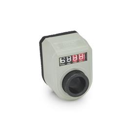 EN 954 Technopolymer Plastic Digital Position Indicators, 4 Digit Display, Steel Shaft Receptacle Installation (Front view): FN - In the front, above<br />Color: GR - Gray, RAL 7035