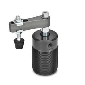GN 876 Abrazaderas giratorias neumáticas de aluminio, estilo cuerpo roscado. Tipo: AC - Brazo de fijación con agujero ranurado, con dos arandelas bridadas y conjunto de husillos GN 708.1