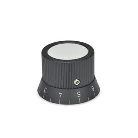 GN 726.2 Aluminum Knurled Control Knobs, Plain Bore or Collet Type Type: S - With scale 0...9, 20 graduations<br />Identification no.: 1 - With set screw