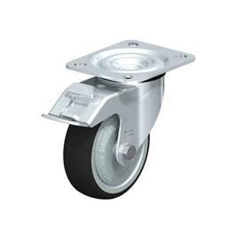  L-PATH Rodajas giratorias con estampado de acero zincado con rueda de caucho gris de servicio medio, con placa de montaje Type: K-FI-FK - Cojinete de bolas con freno «stop-fix», con protección anti-hilos