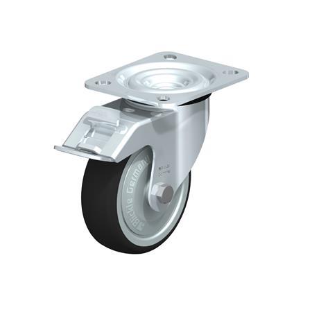 L-PATH Rodajas giratorias con estampado de acero zincado con rueda de caucho gris de servicio medio, con placa de montaje  Type: K-FI-FK - Cojinete de bolas con freno «stop-fix», con protección anti-hilos