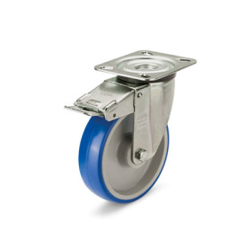 EN 22884 Steel / Stainless Steel Medium Duty Casters, Polyurethane Wheel Tread, Polyamide Wheel Core, Light Version Bearing type: G - Friction bearing<br />Bracket type: LF - Swivel bracket with mounting plate, with total lock brake<br />Coding: L - Light version<br />Bracket material: NI - Stainless steel sheet metal