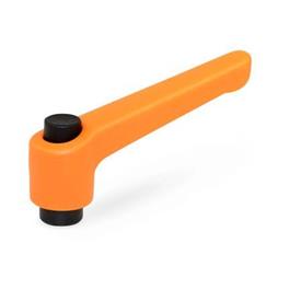 WN 303 Nylon Plastic Adjustable Levers with Push Button, Tapped or Plain Bore Type, with Blackened Steel Components Lever color: OS - Orange, RAL 2004, textured finish<br />Push button color: S - Black, RAL 9005