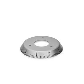EN 526.1 Aluminum, Control Knob Flanges, Blank, with Pointer, or with Calibrated Scale Type: S - With scale 0...9, 40 and/or 100 graduations