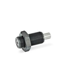 GN 313 Steel Spring Bolts, Plunger Pin Retracted in Normal Position Type: DK - Without knob, with lock nut<br />Identification no.: 2 - Pin with internal thread