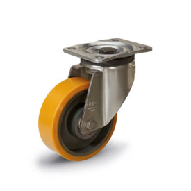 EN 22887 Steel Medium Duty Casters, Polyurethane Wheel Tread, Cast Iron Wheel Core, Medium Version Bearing type: K - Annular ball bearing<br />Bracket type: L - Swivel bracket with mounting plate<br />Coding: M - Medium version<br />Bracket type: ST - Steel sheet metal