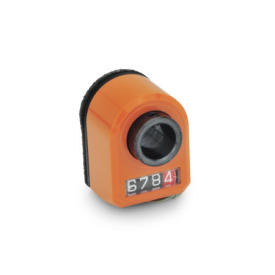 EN 954 Plastic Digital Position Indicators, 4 Digit Display, Steel Shaft Receptacle, Mechanical Counter Installation (front view): FR - In the front, below<br />Color: OR - Orange, RAL 2004, shiny finish