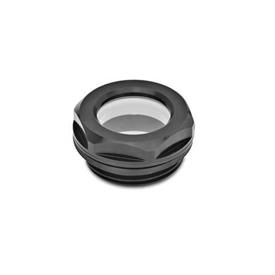 GN 743 Aluminum Fluid Sight Glasses, with Float Glass, Resistant up to 212 °F Type: BS - Without reflector, black anodized finish