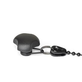 EN 5342.13 Technopolymer Plastic Three-Lobed Knobs with Loss Protection, with Stainless Steel Tapped Insert Loss protection: P - With plastic ball chain