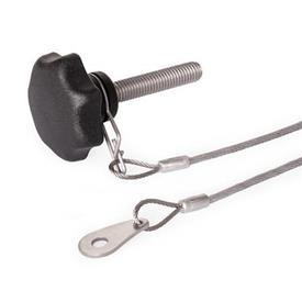 GN 6336.13 Technopolymer Plastic Star Knobs with Loss Protection, with Stainless Steel Threaded Stud Type: H - With retaining cable