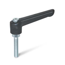 WN 300.2 Nylon Plastic Adjustable Levers, Threaded Stud Type, with Zinc Plated Steel Components Color: SW - Black, RAL 9005, textured finish