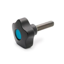 EN 5337.7 Technopolymer Plastic Five-Lobed Knobs, with Stainless Steel Threaded Stud Color of the cover cap: DBL - Blue, RAL 5024, matte finish