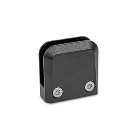 GN 939 Abrazaderas de soporte de panel de zinc fundido a presión, para paneles de vidrio y plástico Tipo: F - Abrazadera de superficie<br />Acabado: SW - Negro, RAL 9005, acabado texturizado