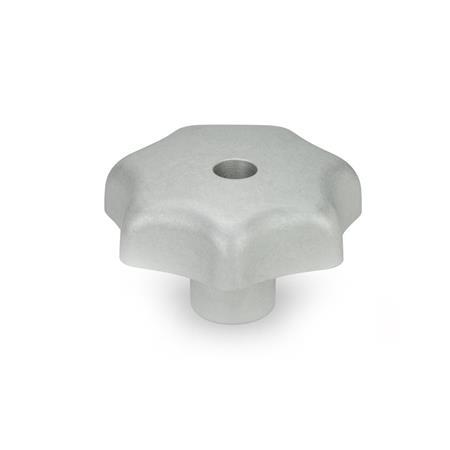 DIN 6336 Aluminum Star Knobs, with Tapped or Plain Bore Type: D - With tapped through bore
Finish: MT - Matte, tumbled finish
